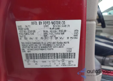 2011 Ford Escape Xlt из США, поврежденный, VIN 1FMCU0D79BKC10270